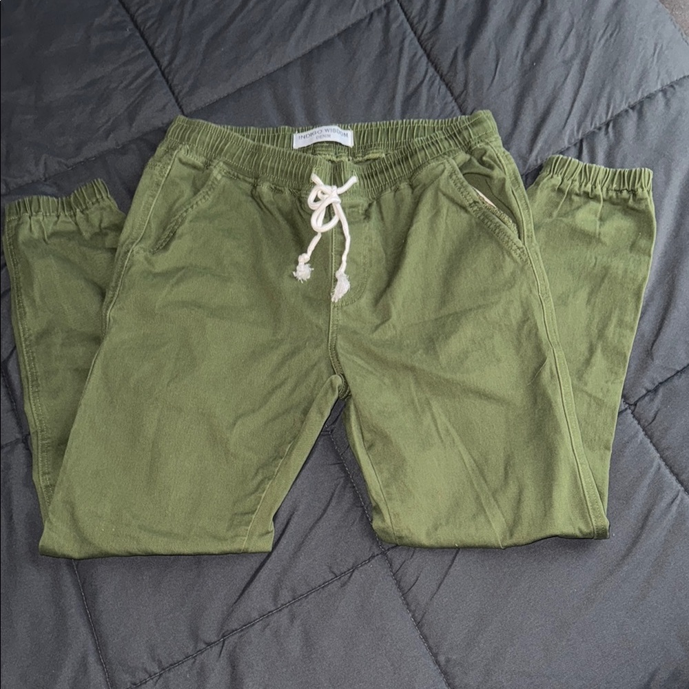 Indigo Wisdom Olive Green Joggers with Elastic Waistband and Tapered Fit